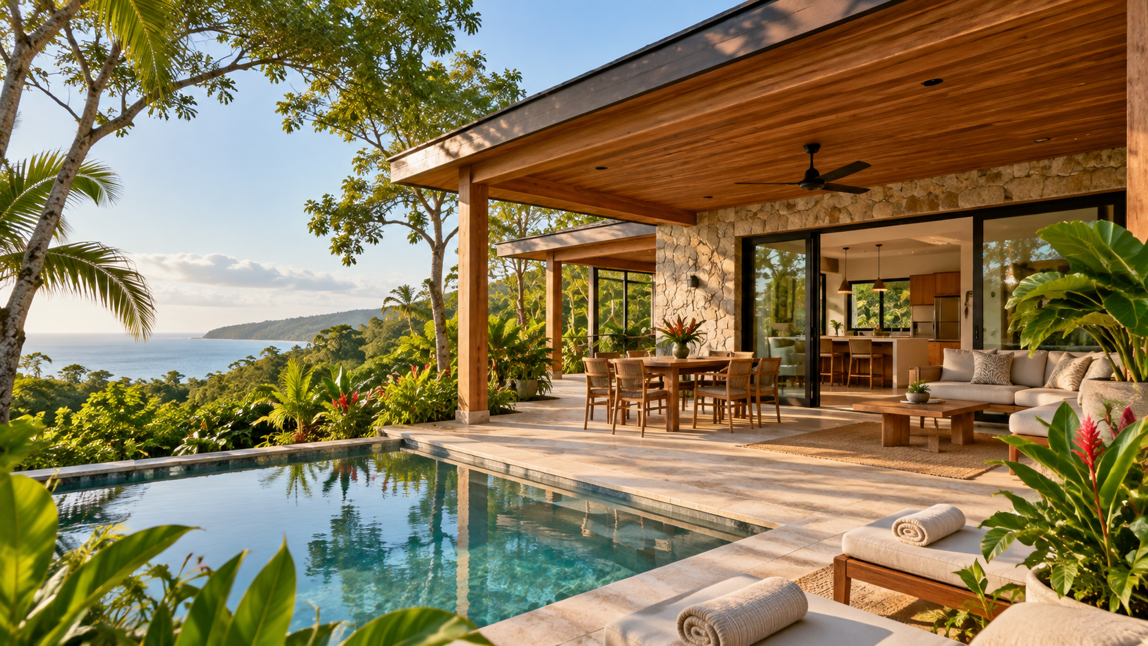 Terraza abierta y piscina infinita de villa tropical de lujo con vista panorámica al océano Pacífico y vegetación en Guanacaste