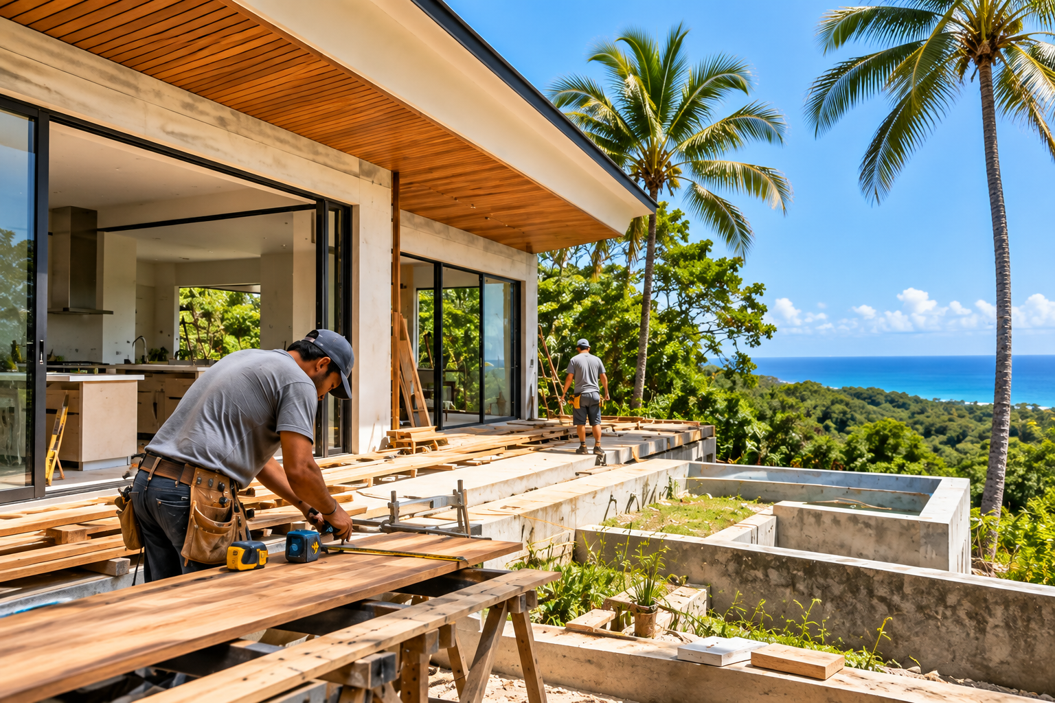 Carpentry and construction work on the terrace of a modern oceanfront villa in Nosara, Guanacaste