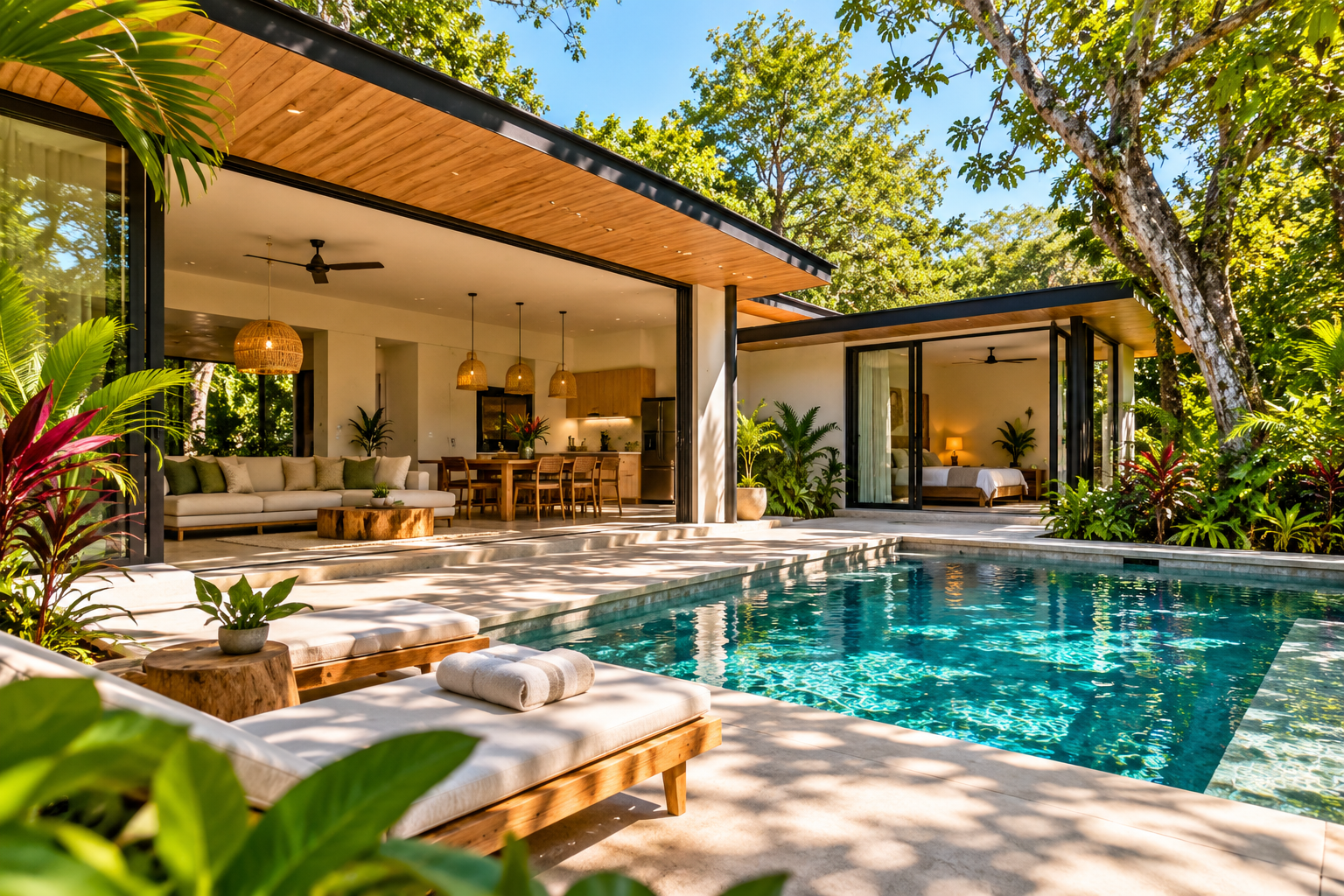 Villa tropical moderna en la zona de Nosara con piscina privada, terraza abierta de madera y cocina integrada rodeada de vegetación exuberante