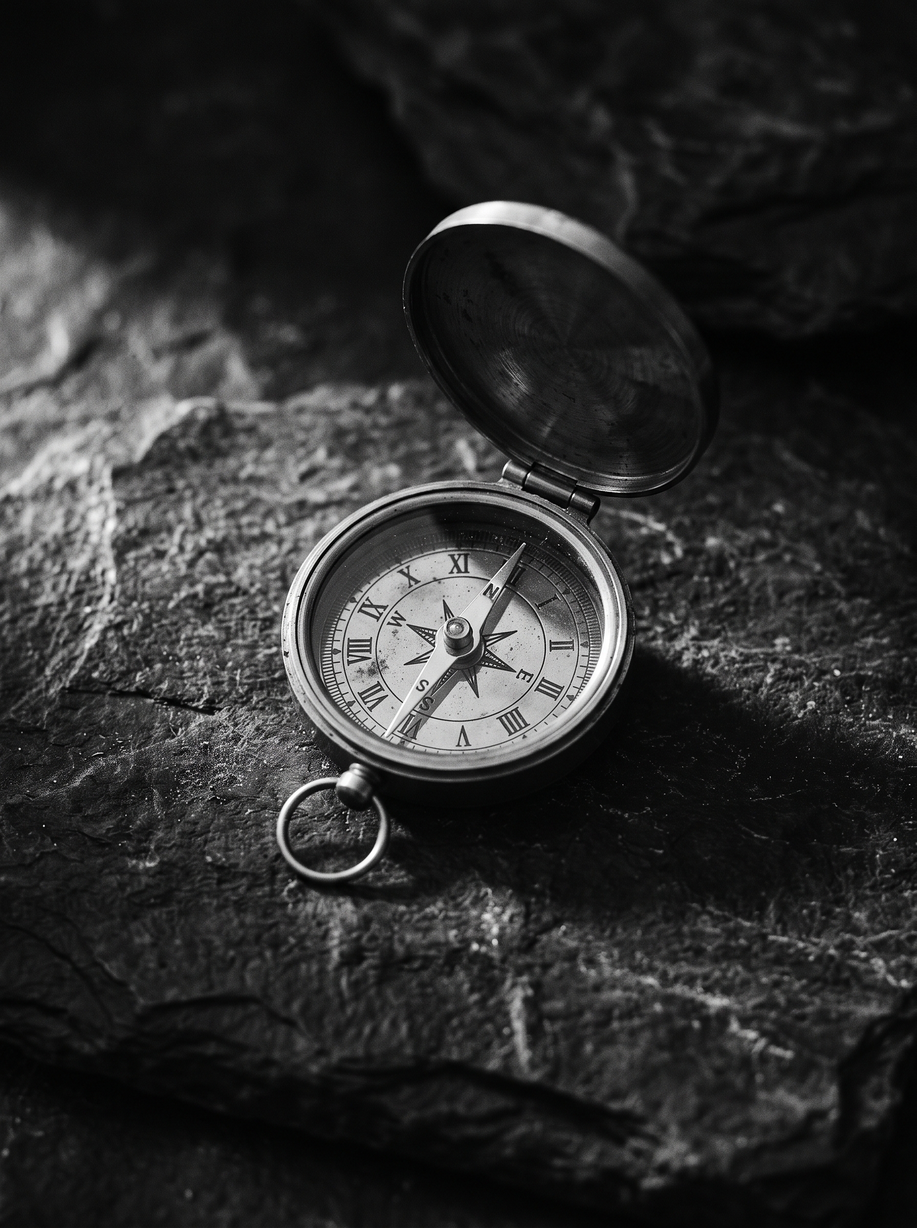 Brass pocket compass resting on dark slate