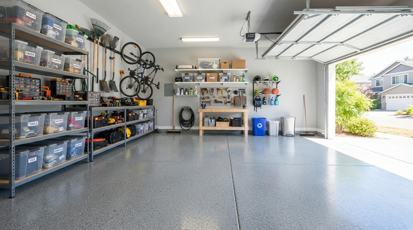 Spotless organized garage after junk removal by OC Christian Hauler