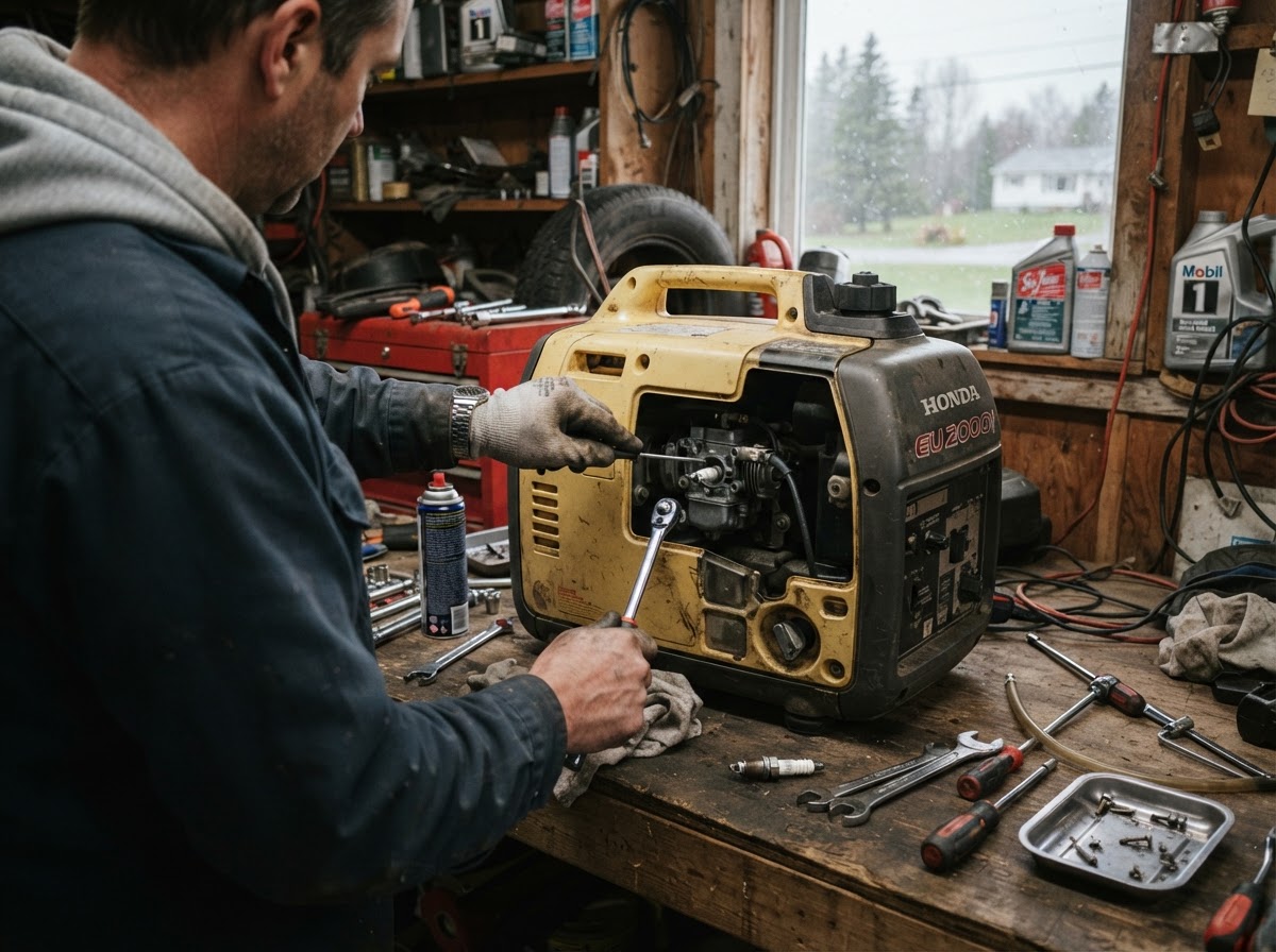 Portable generator being serviced on a workbench