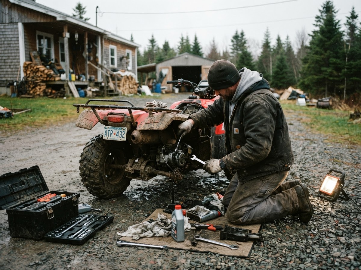 All-terrain vehicle being serviced in a driveway