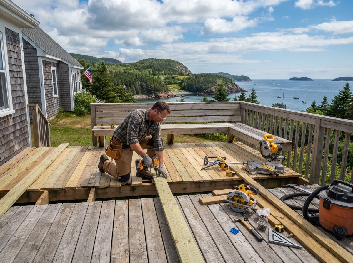 Deck repair and wooden plank rebuilding on a residential home