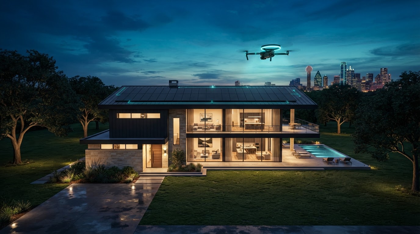 Luxury smart home with solar panels and drone inspection at twilight