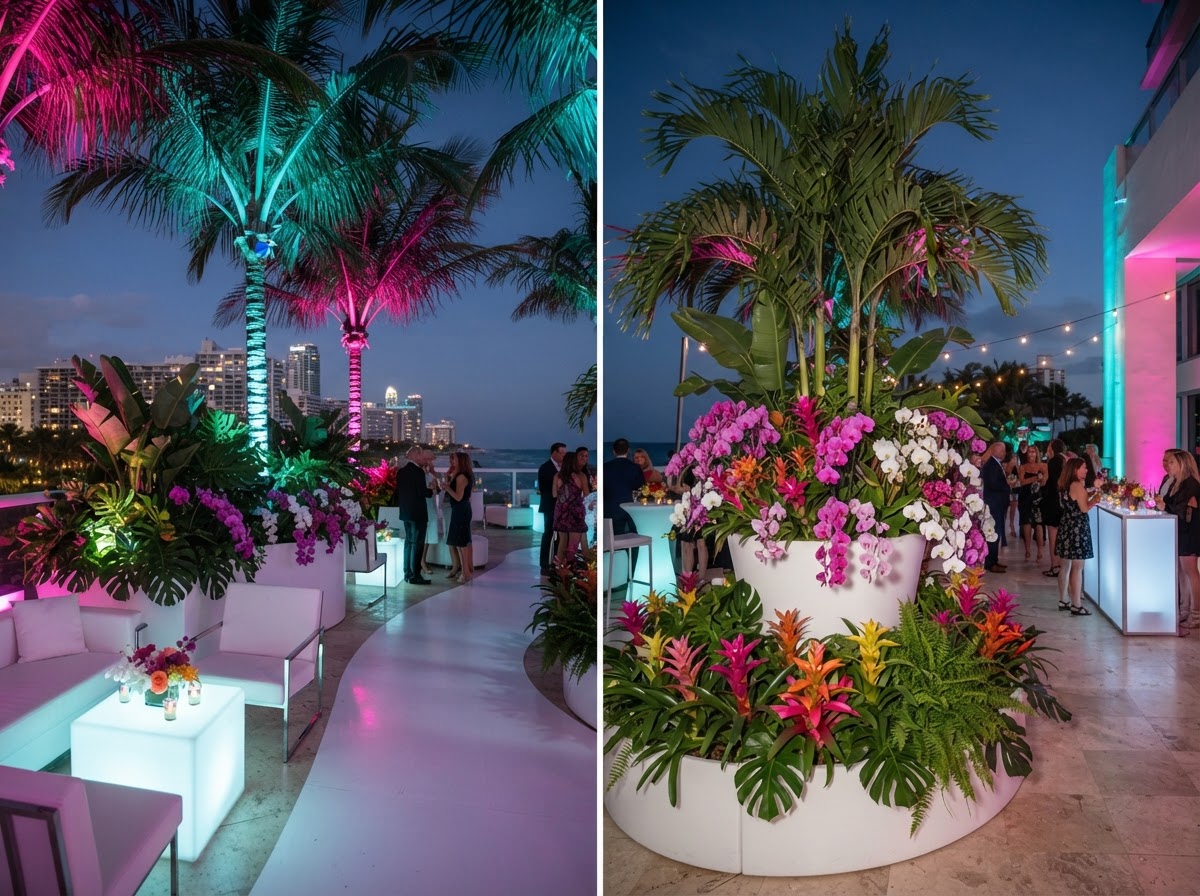 South Beach themed decor with orchids and uplighting