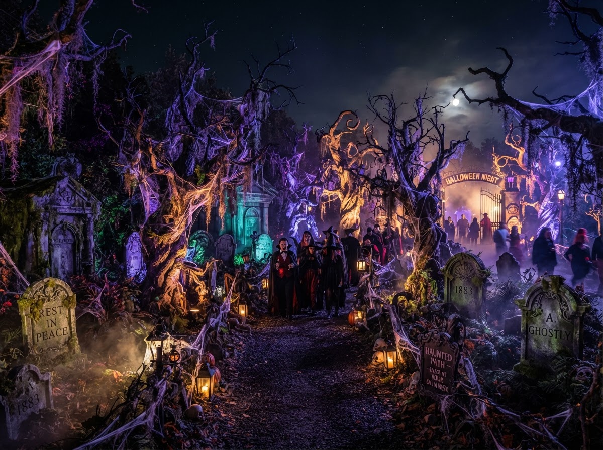 Haunted Halloween themed event with dried trees and cobwebs