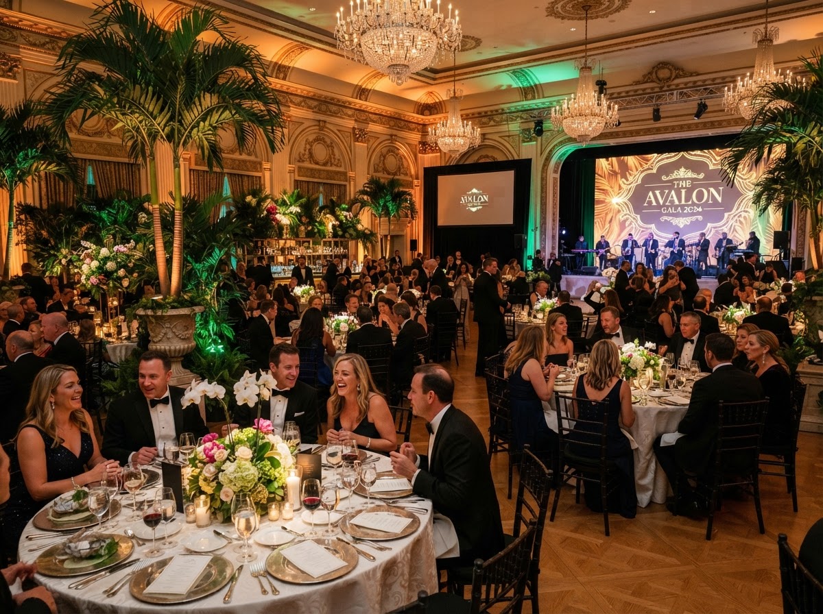 Gala ballroom with green plant rentals and centerpieces