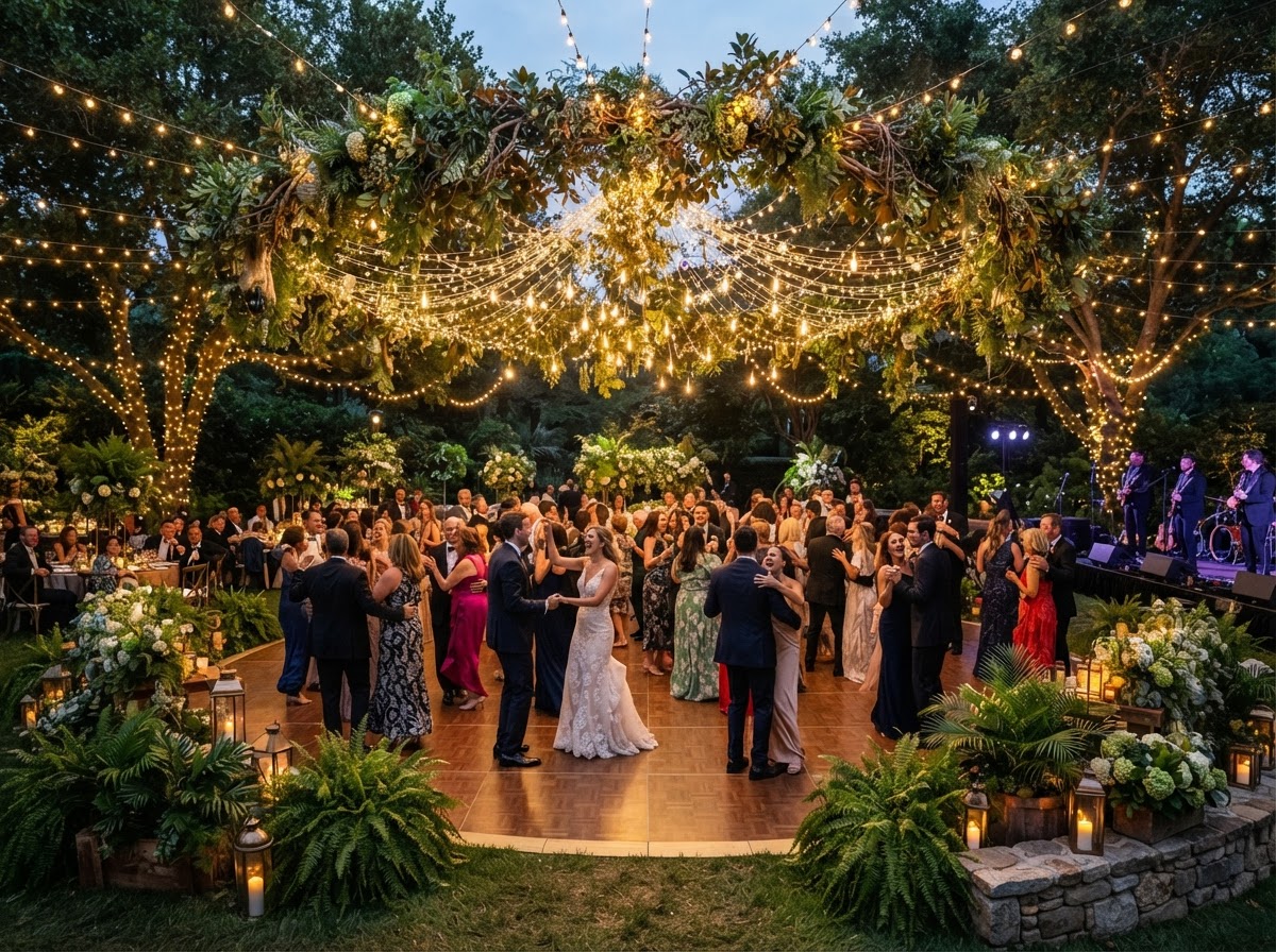 Custom dance floor canopy of ficus branches and lights