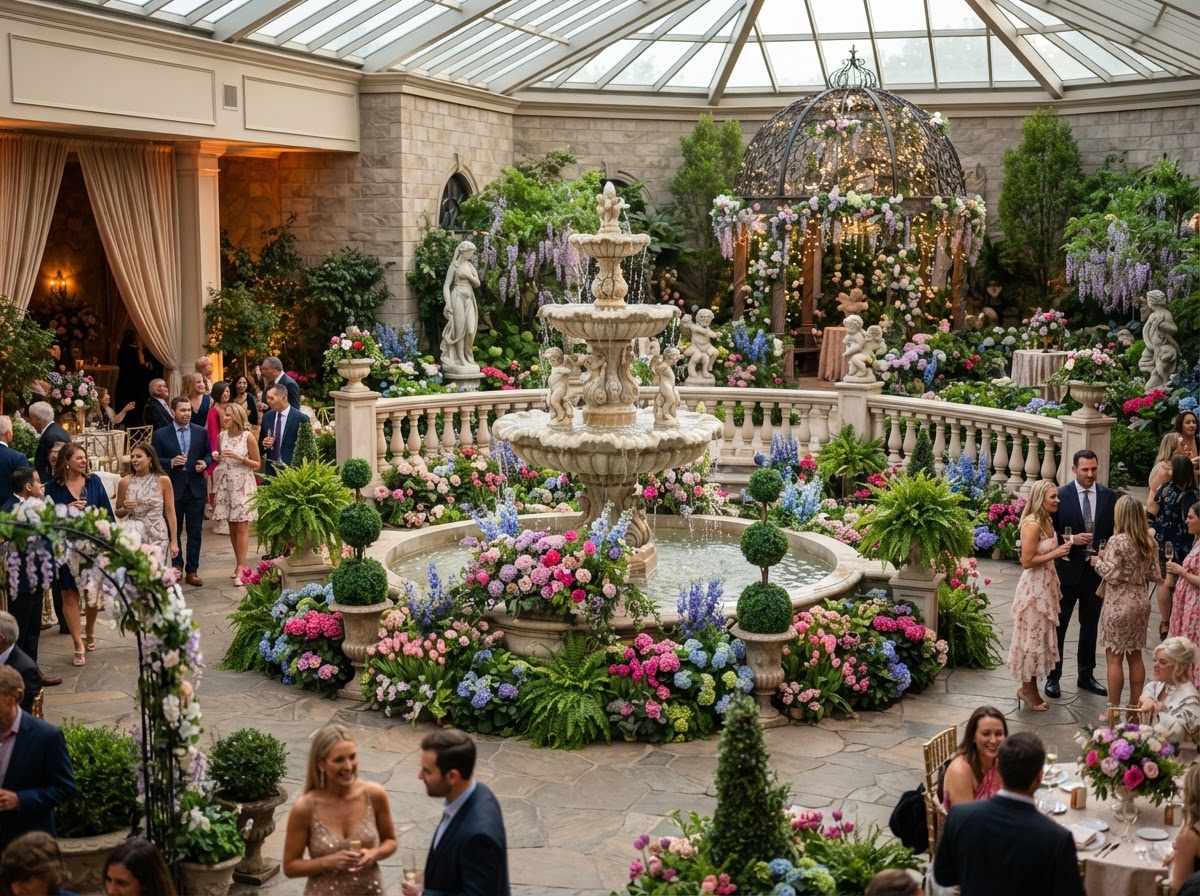 Custom spring garden event with tiered fountain and statuary