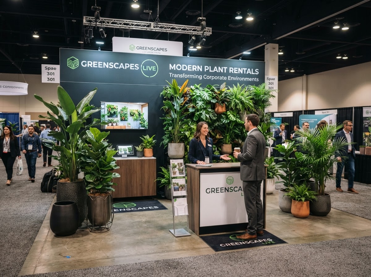Trade show booth with live green plant rentals