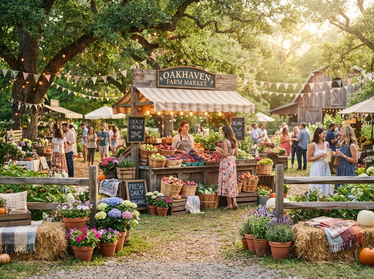 Farmers market themed event with shade trees and produce stand