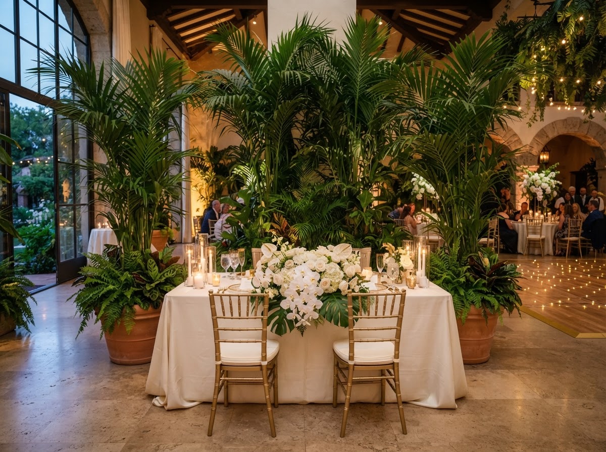 Wedding reception with live palms and floral centerpieces