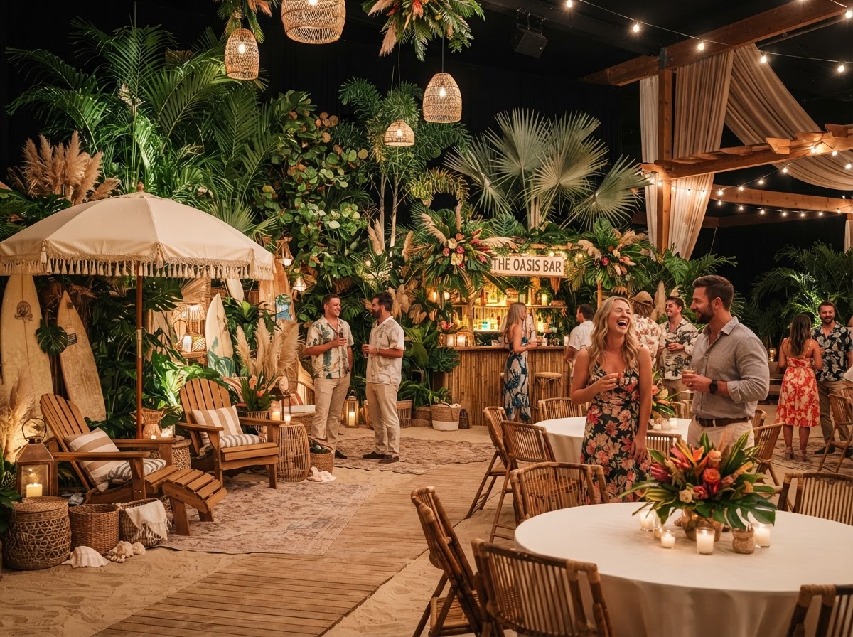 Beach themed event with palms and coastal decor