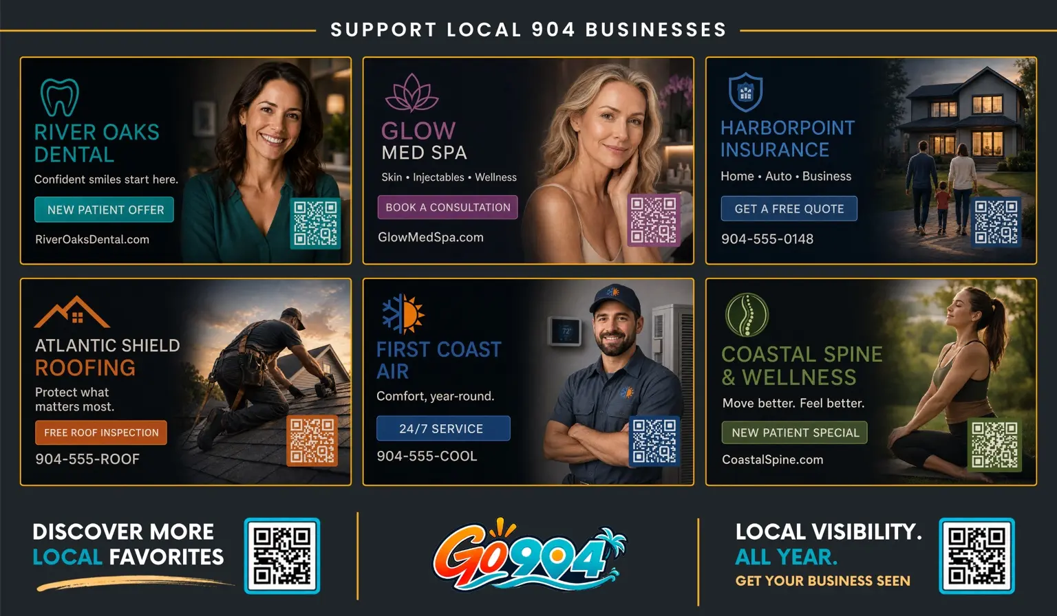 Example Go Local 904 board layout showing six fictional sponsor panels in a consistent design system