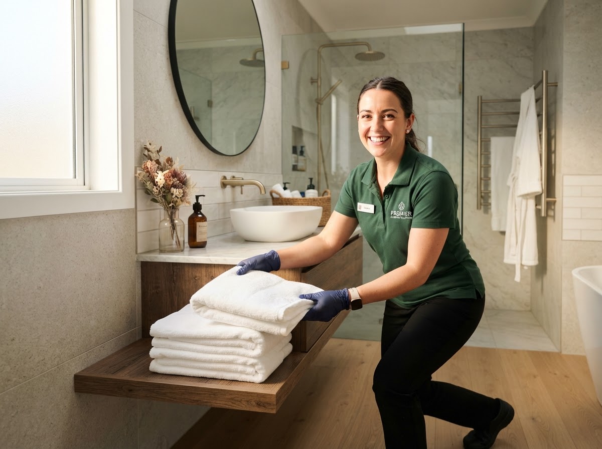Professional house cleaner in forest green uniform in spotless bathroom