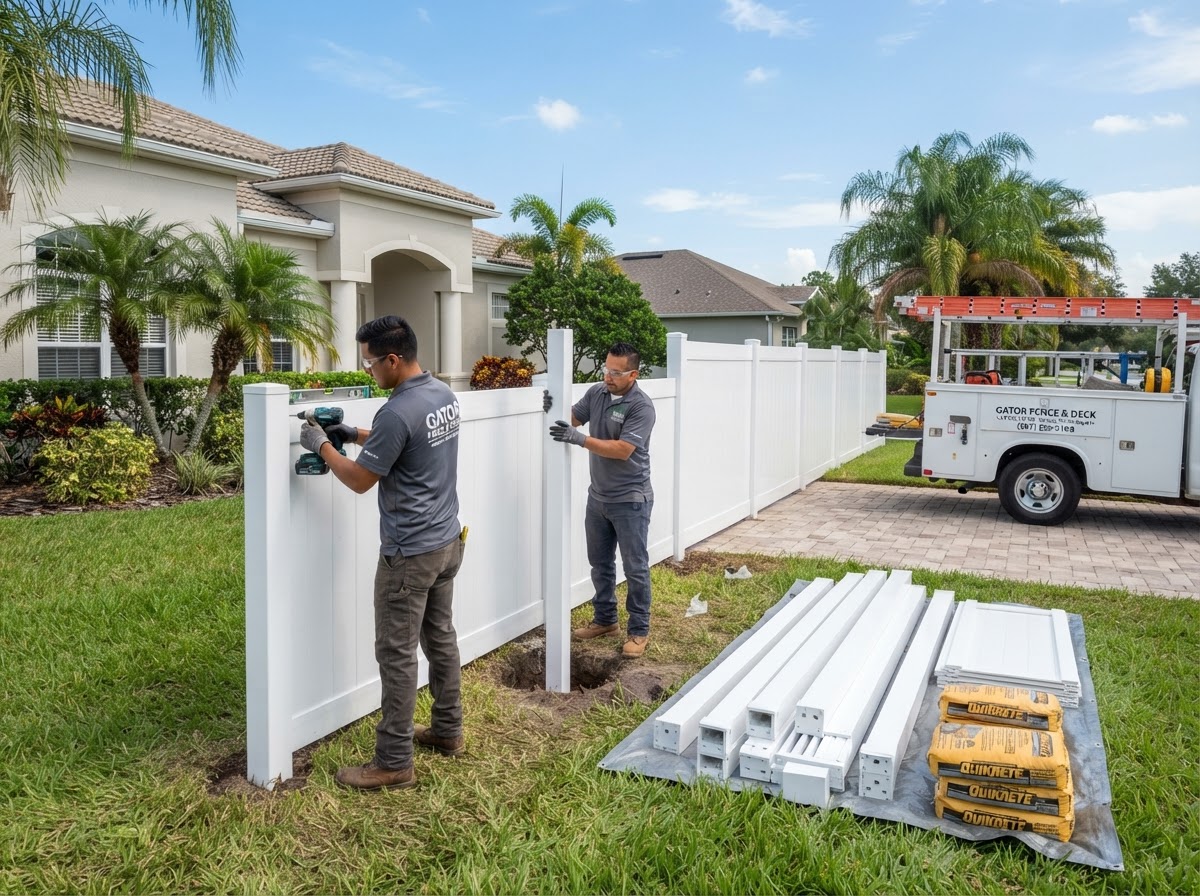 Bella Fence installation crew installing a vinyl fence with organized tools and materials