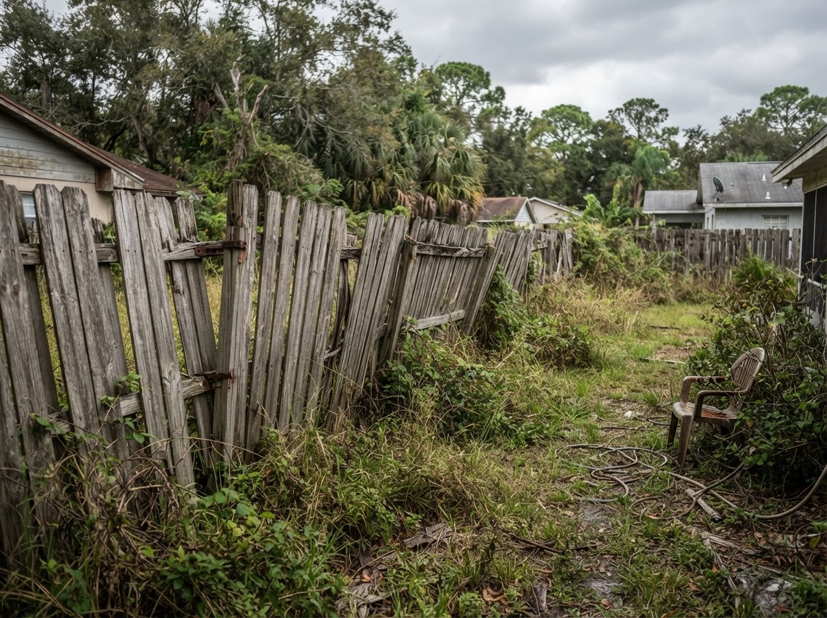 Old weathered wood fence in a Central Florida backyard before installation
