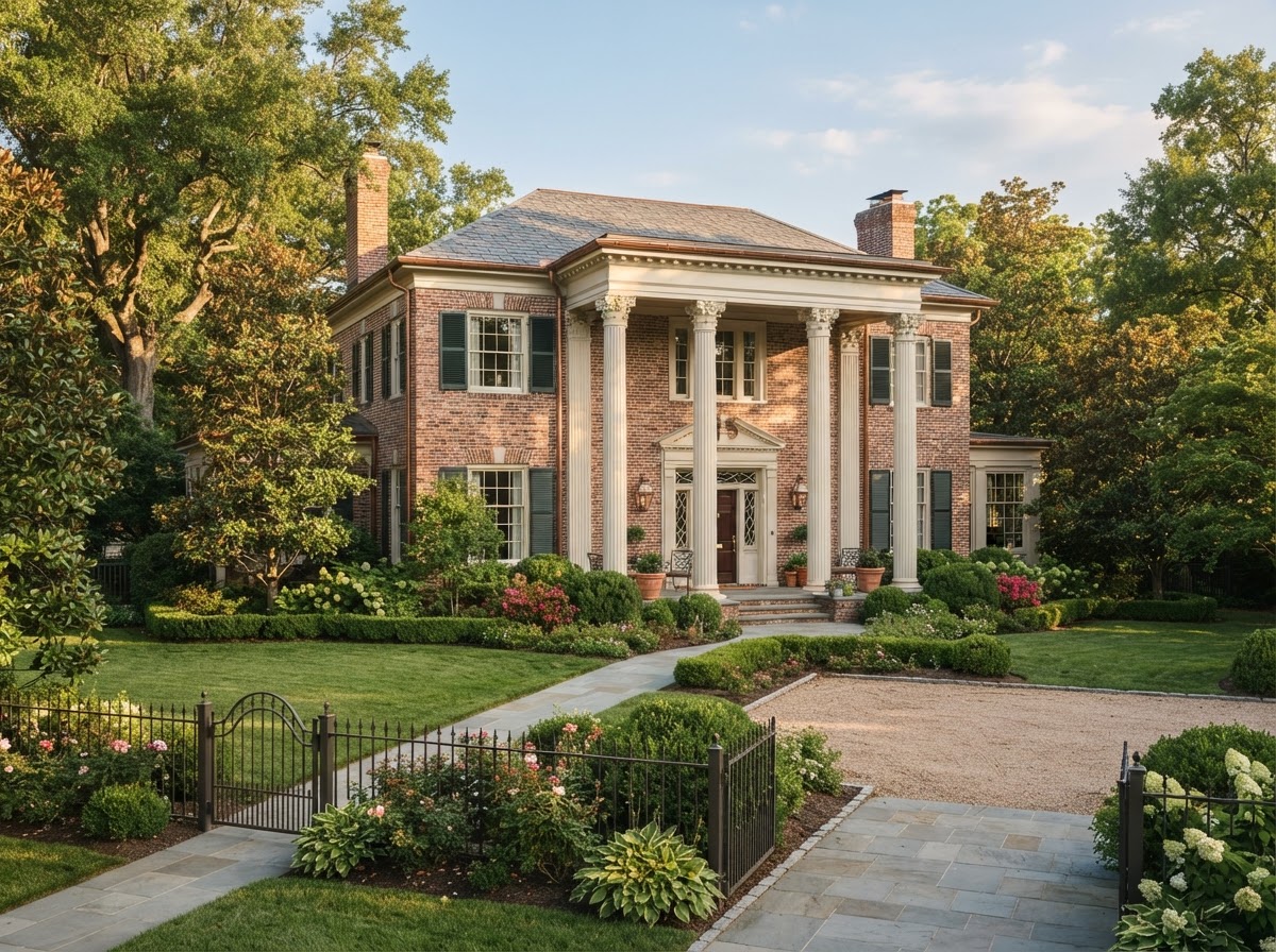 A refined Southern home with classic architecture in warm afternoon light