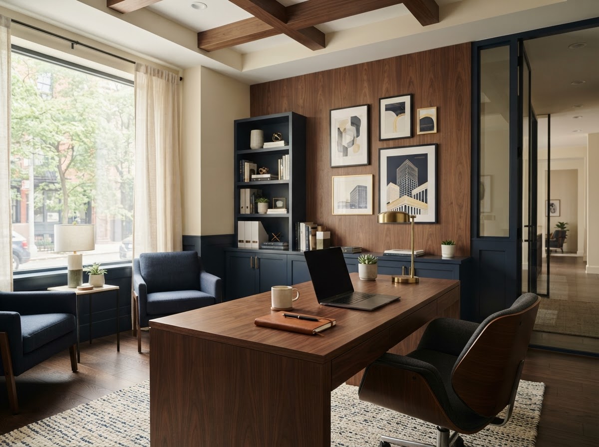A modern independent insurance office interior with warm wood tones and navy and cream palette