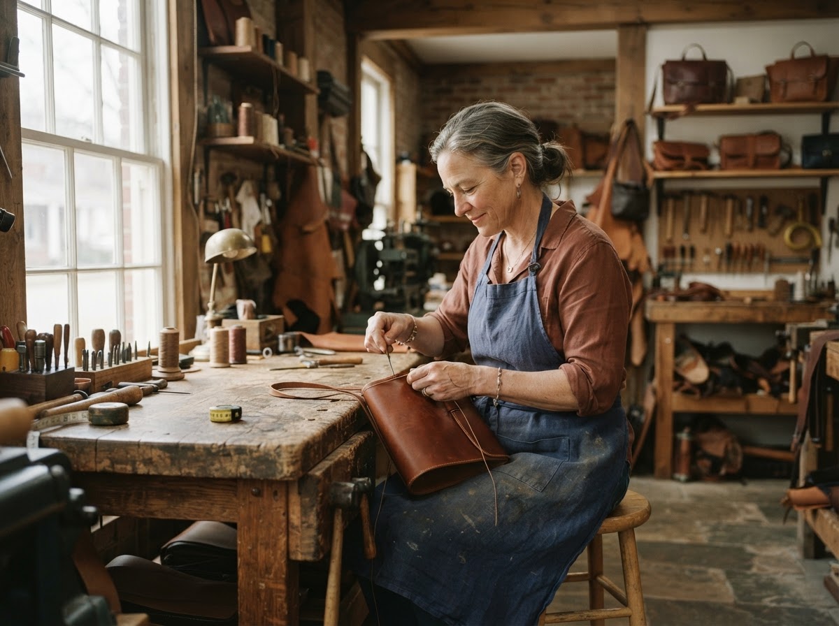 A small business owner working in a tasteful workshop in a Tennessee town