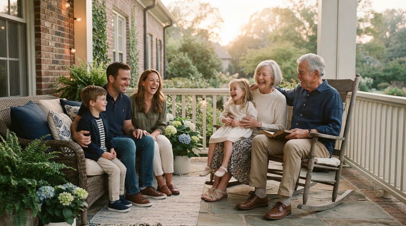 A multi-generational family gathered on the porch of a refined Southern home at golden hour