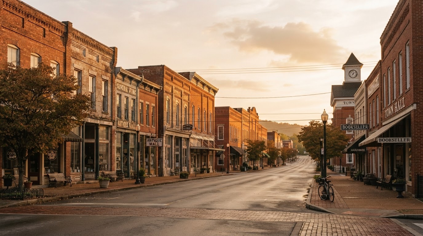 A quiet small Tennessee town main street at golden hour