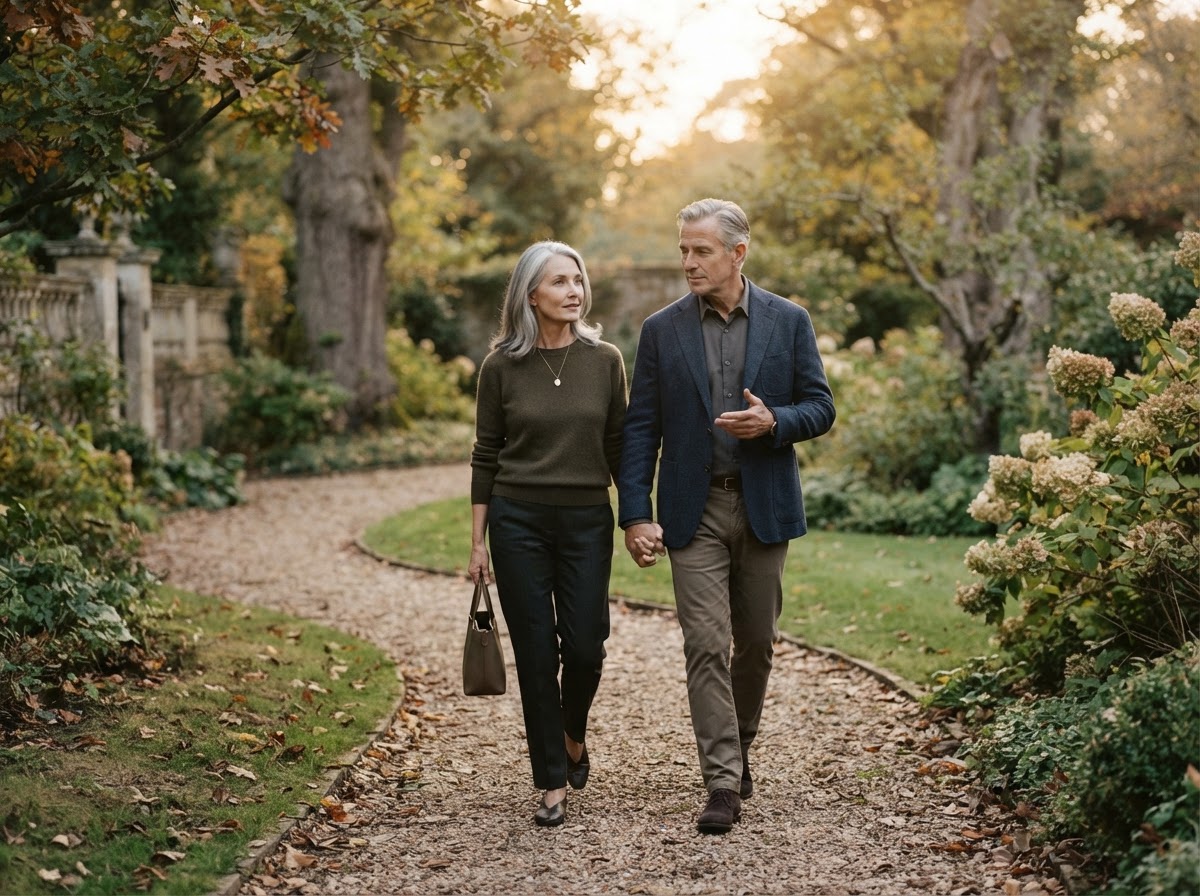 A couple walking together through a quiet park path at soft golden light