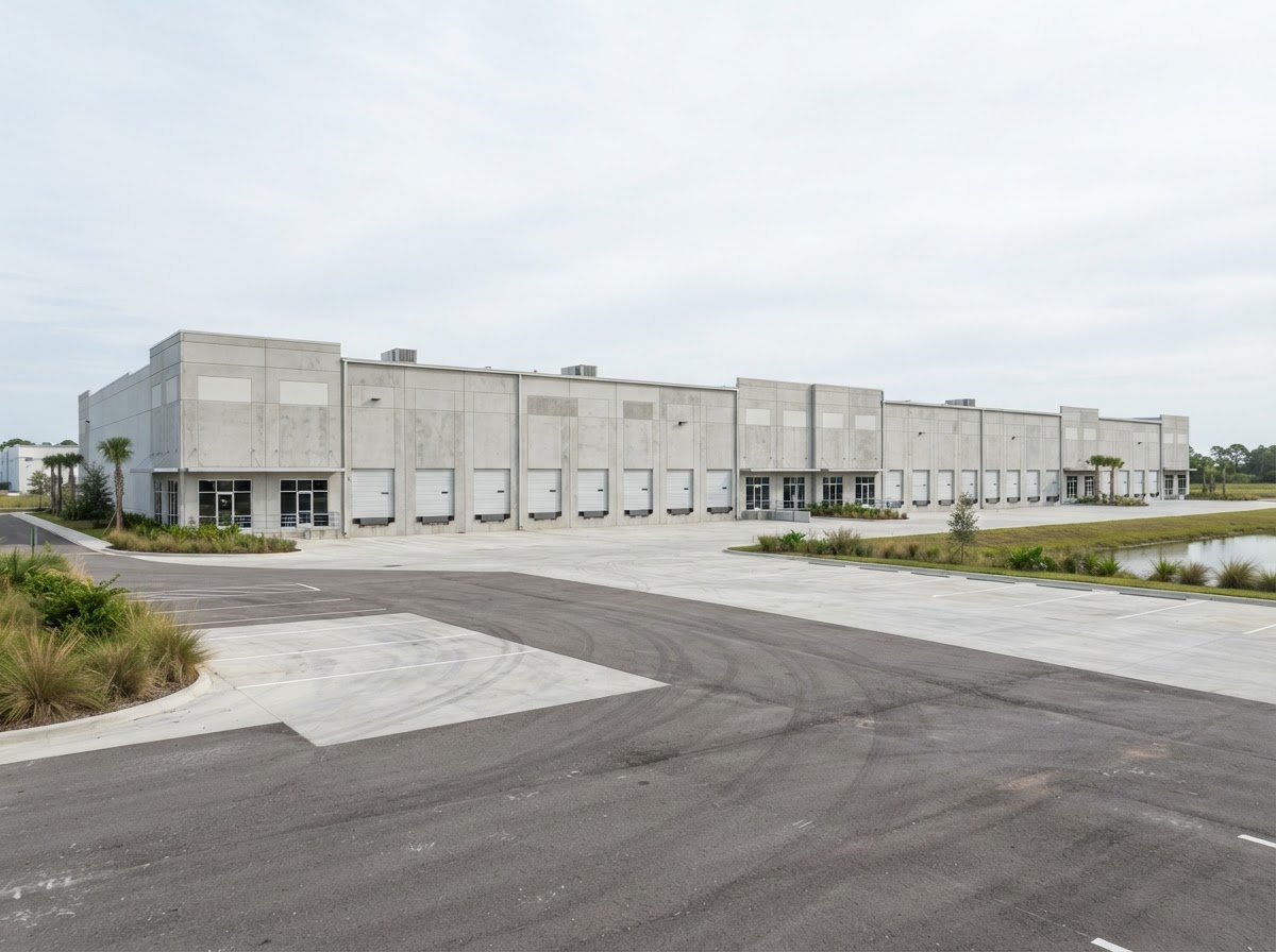 Multi-tenant tilt-wall business park with a deep truck court and dock-high loading, the kind of industrial space Linda Venzor leases for Houston-area owners