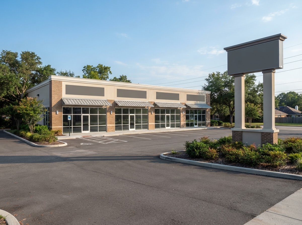 Neighborhood retail strip center with storefront glazing, pylon sign and parking field, the retail product Linda Venzor leases and sells in Harris and Fort Bend County