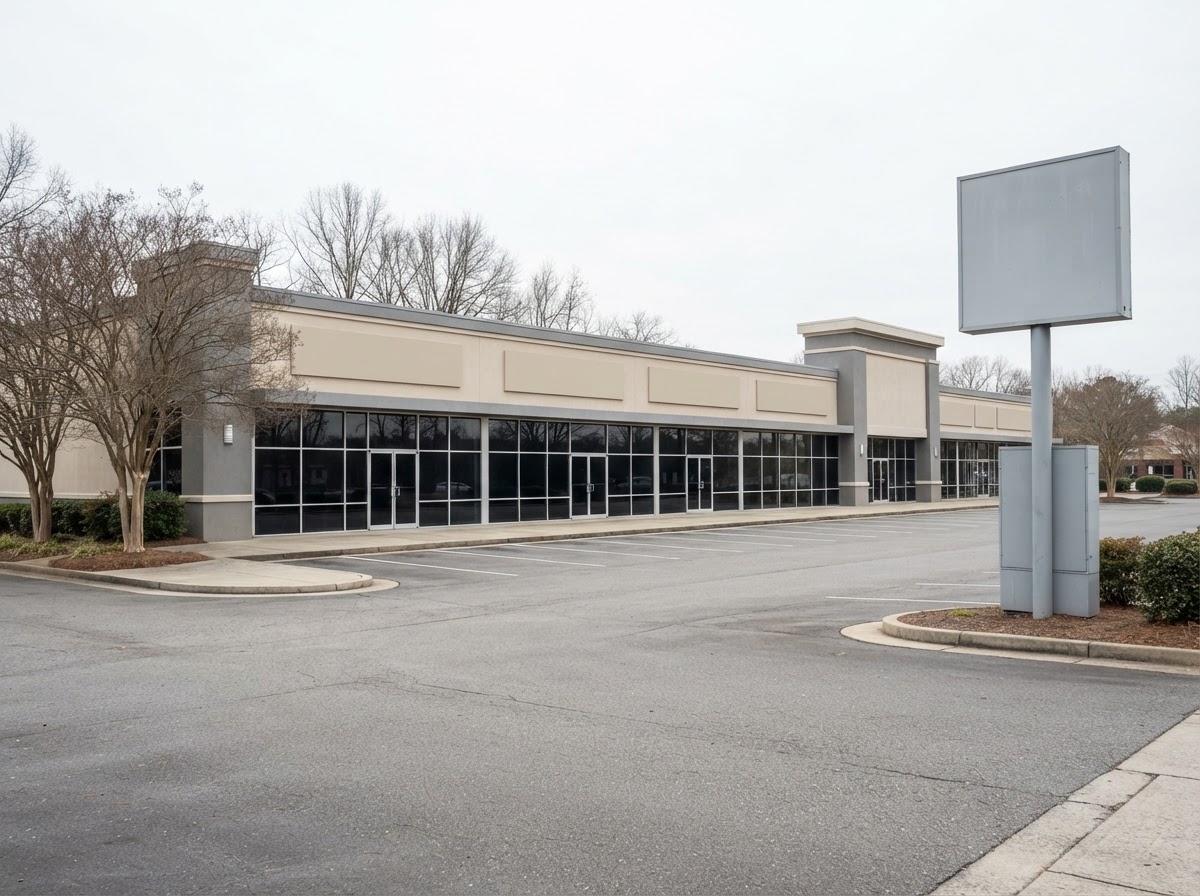Neighborhood retail strip center with a parking field and pylon sign, the income-producing retail product Linda Venzor prices and sells in Harris and Fort Bend County