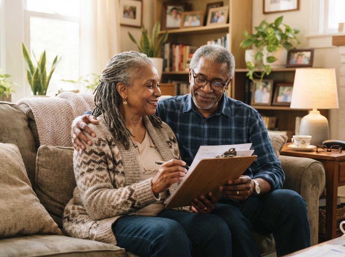 A Black senior couple reviewing paperwork together at home, feeling secure
