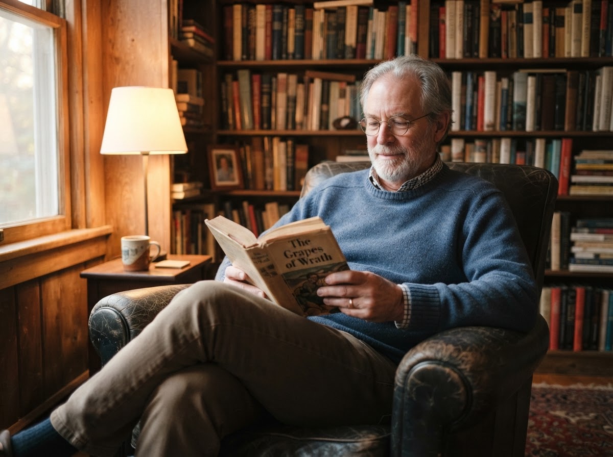 A white senior man relaxing with a book, content and at peace