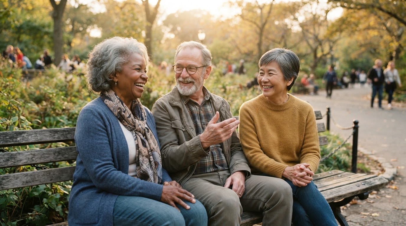A diverse group of happy senior adults enjoying a peaceful afternoon together