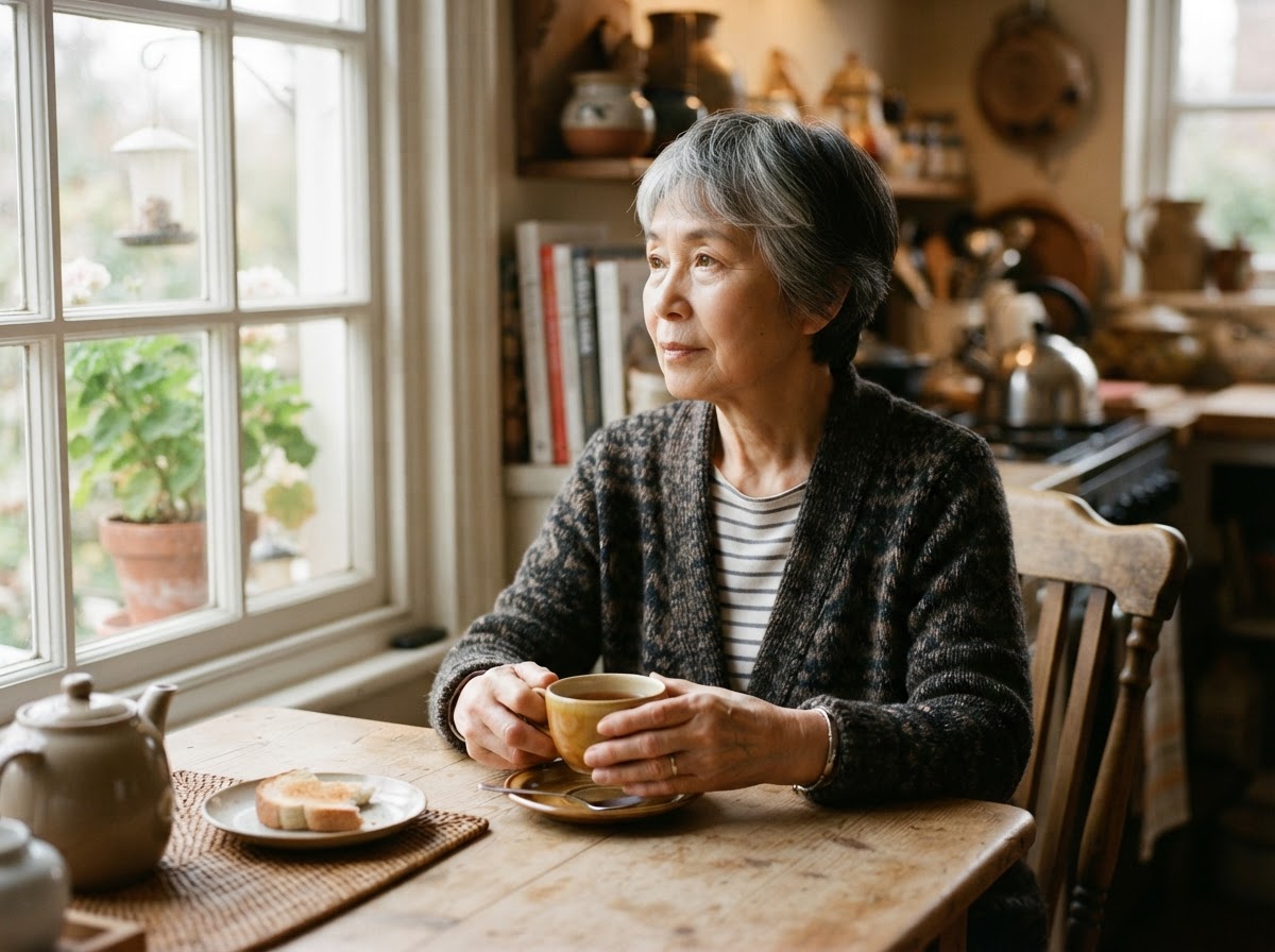 An Asian senior woman enjoying a peaceful moment with tea at home