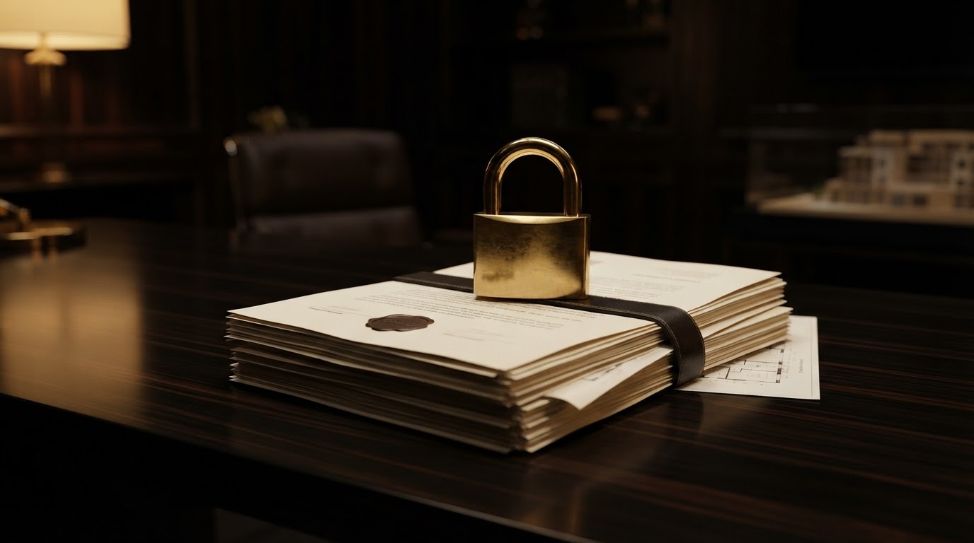 Papiers confidentiels avec cadenas doré sur un bureau élégant