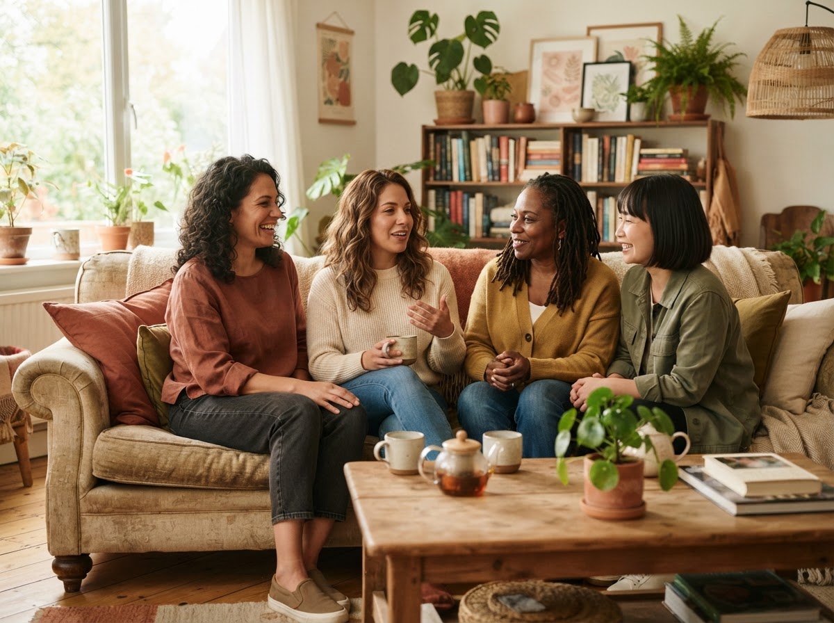 Kleine groep vrouwen in warm gesprek bij natuurlijk licht — samenwerking en verbinding
