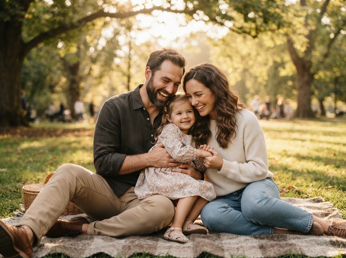 Familia joven disfrutando un momento tranquilo en un parque al atardecer