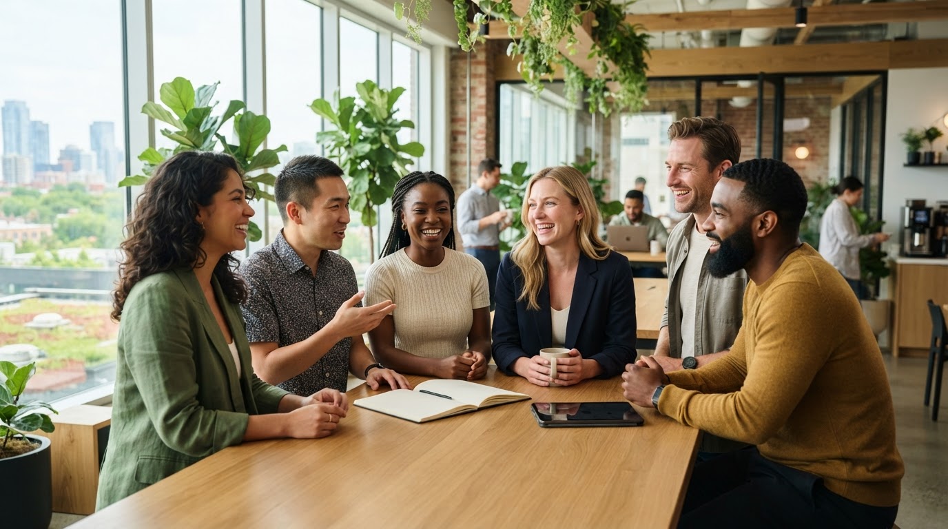 Grupo de colaboradores jóvenes y diversos sonriendo en un ambiente de trabajo moderno y saludable