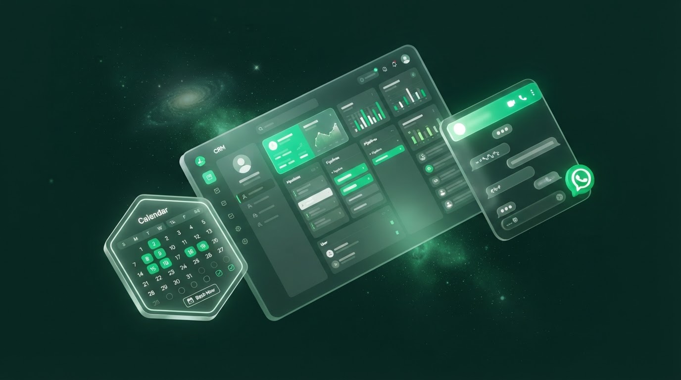 Mockup del CRM, WhatsApp y calendario de GoHighLevel