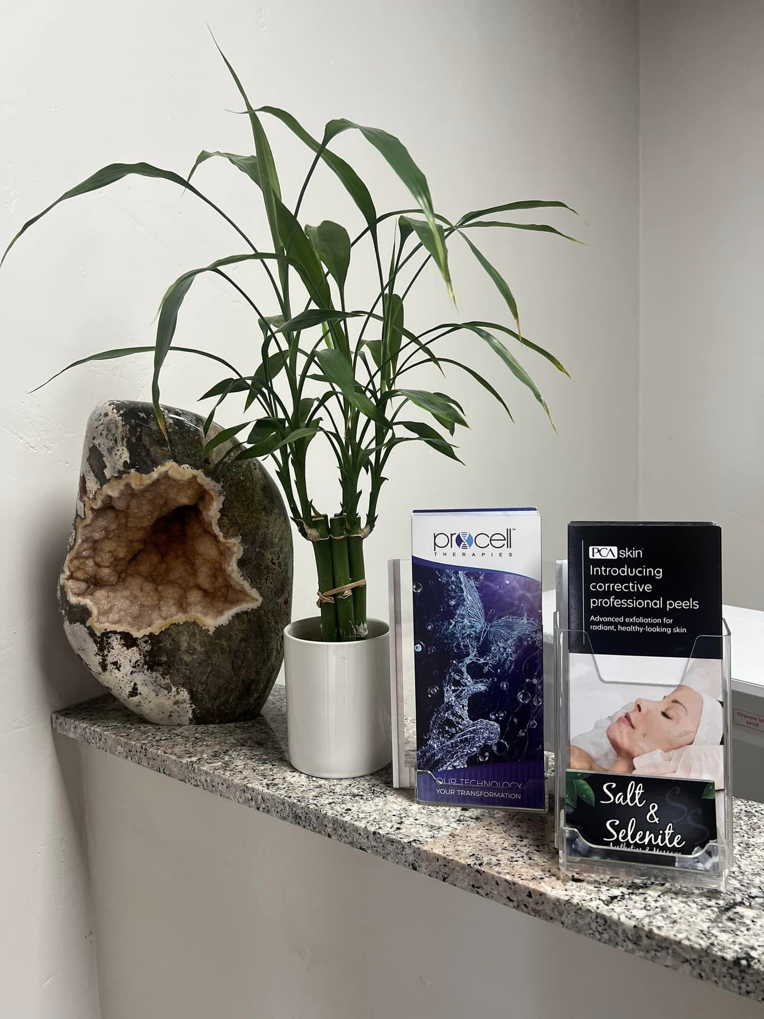 Granite reception ledge with potted bamboo, sparkling quartz geode, and Procell and PCA skin treatment brochures