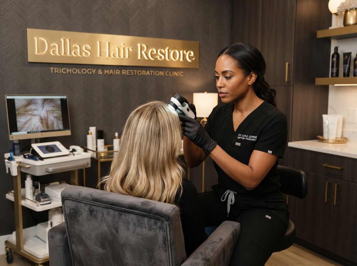 Certified Trichologist examining a client's scalp at Dallas Hair Restore