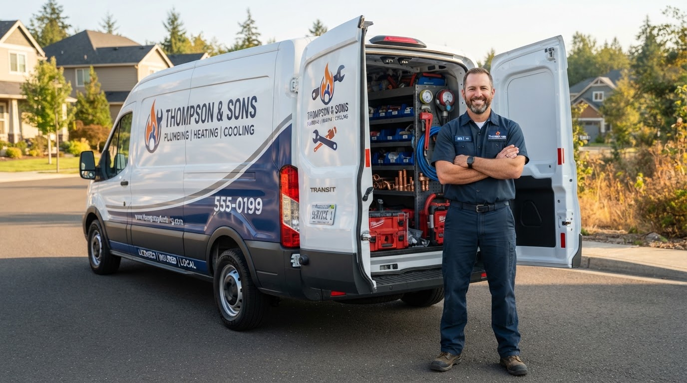 Professional local contractor standing by a clean service van