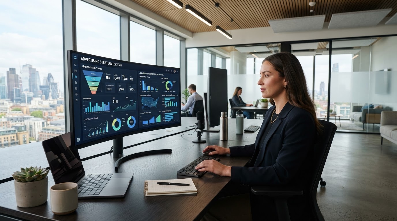 Strategy desk with lead tracking analytics