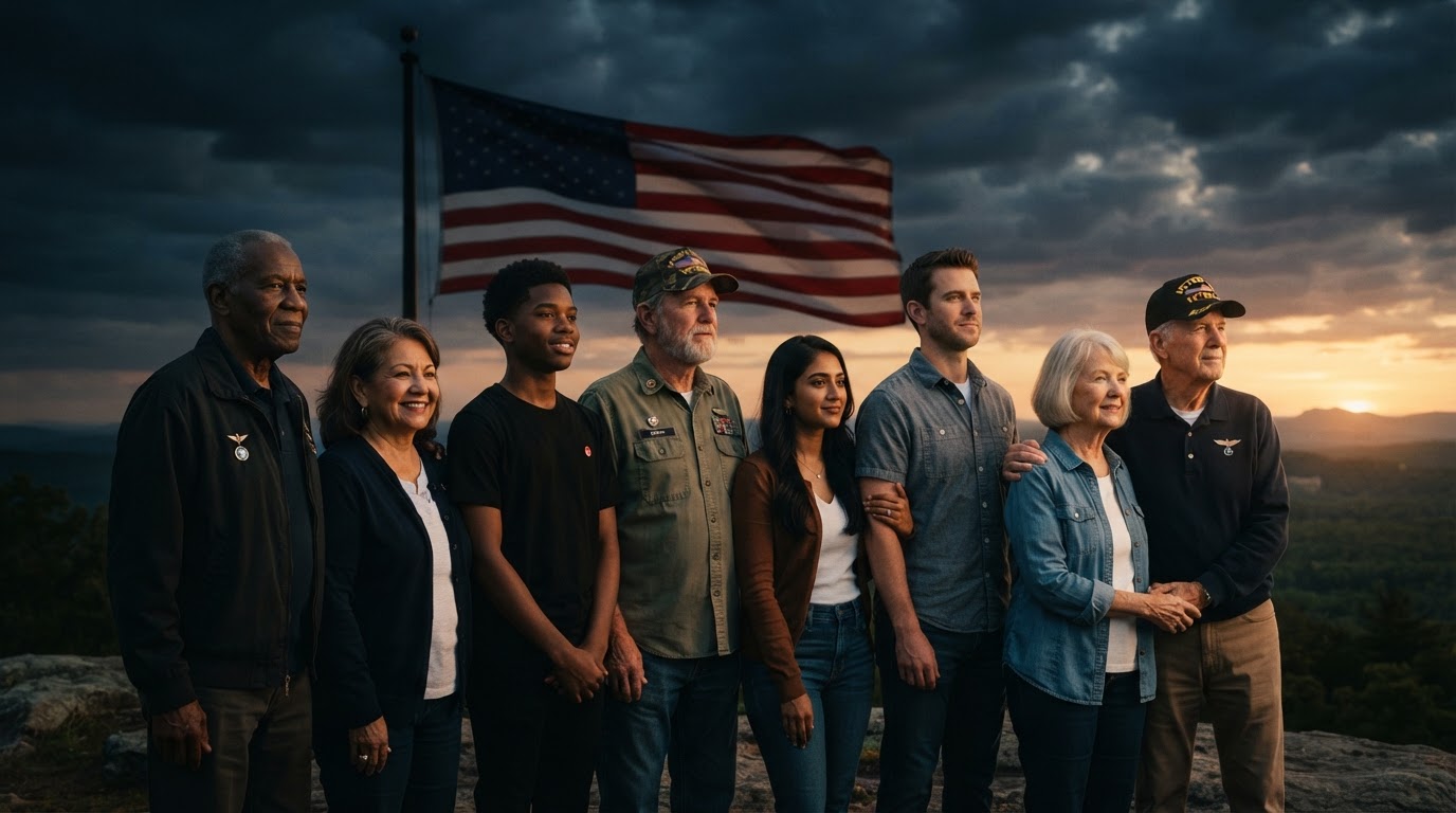 A diverse, multigenerational group of American veterans standing together with a subtle American flag in the background