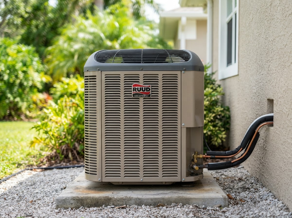 High-efficiency Ruud central air conditioner condenser unit installed by Webb's Air and Heat