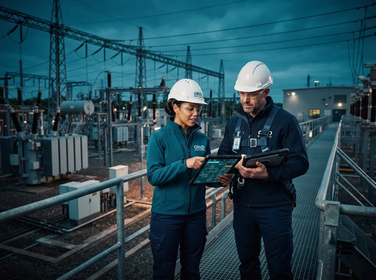 Engineers reviewing grid schematics on site