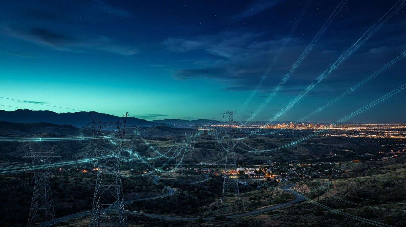 High-voltage transmission towers at dusk