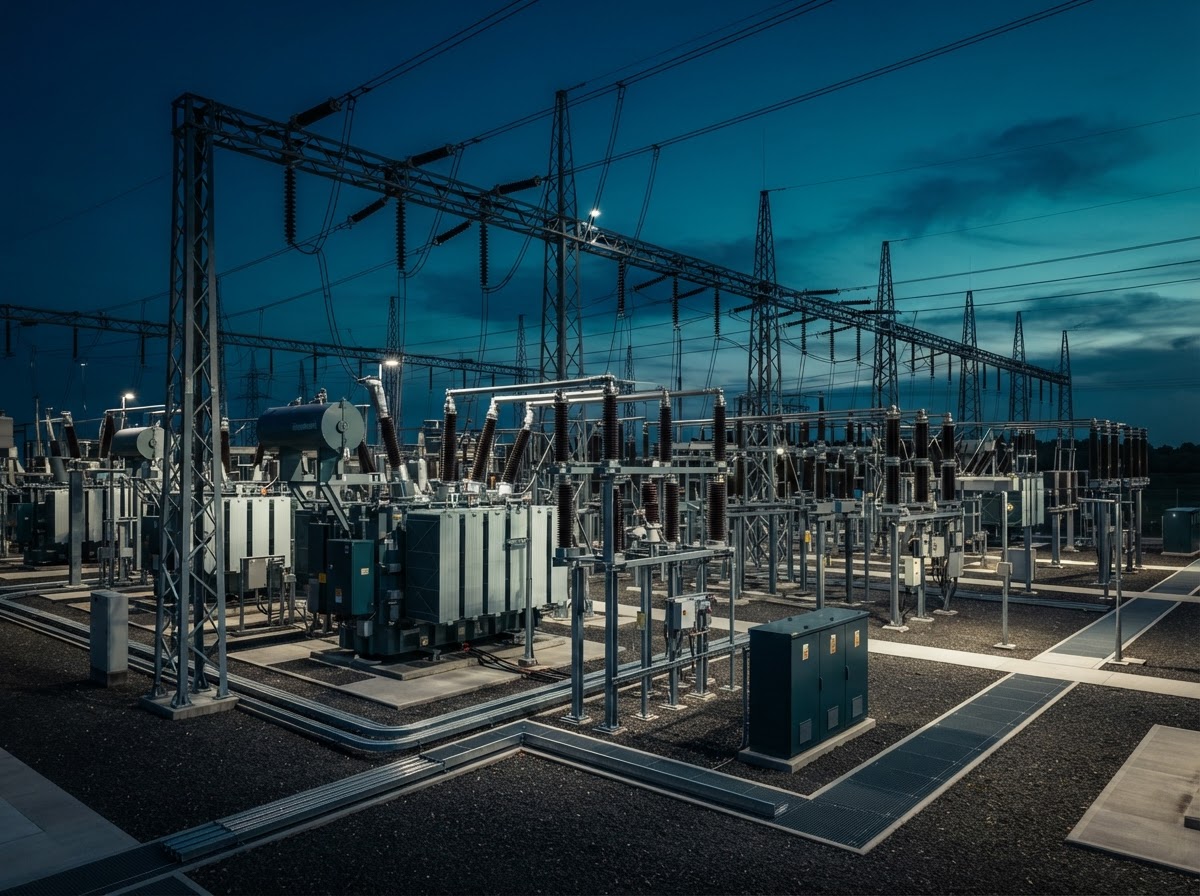 Modern electrical substation with transformers