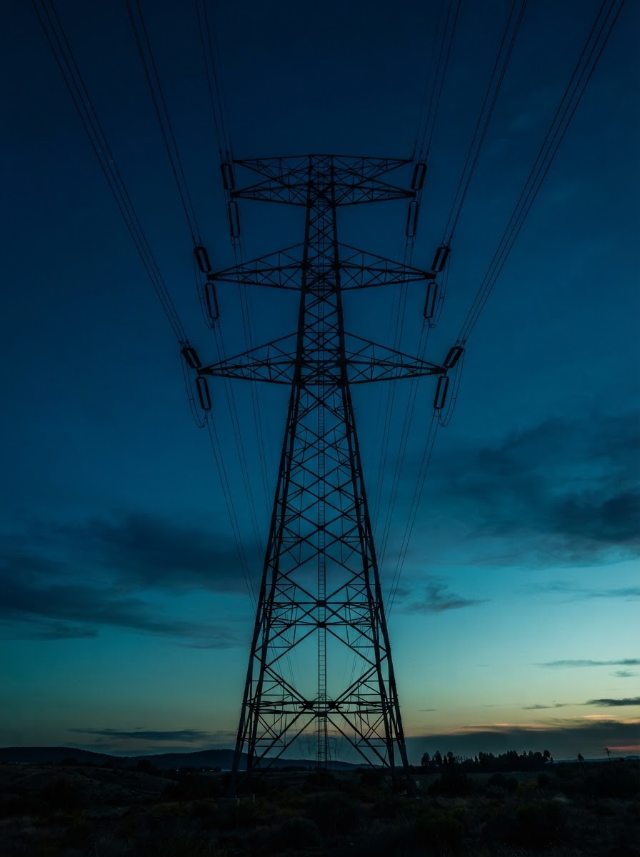 High-voltage transmission tower against navy sky